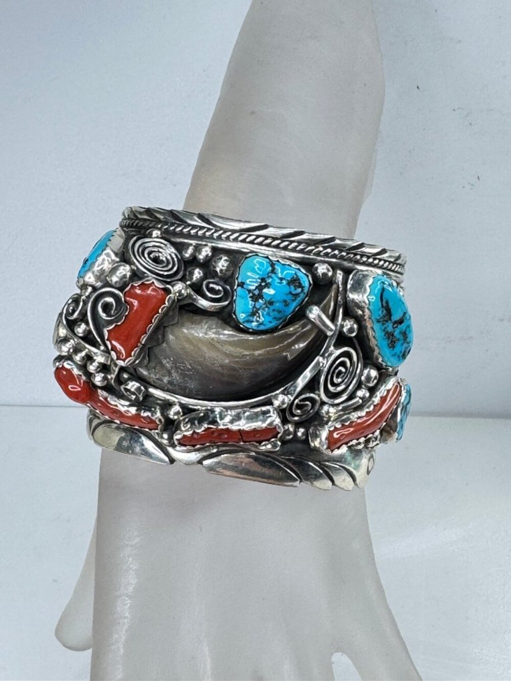 Massive Vintage Sterling Silver Turquoise Coral Southwestern Cuff 147g JR2012